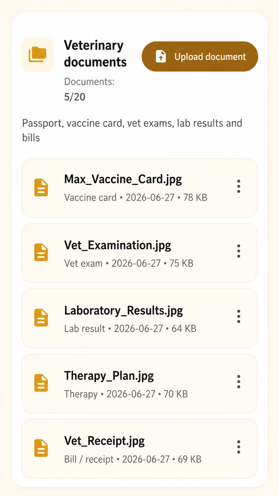DogCare dog documents screen