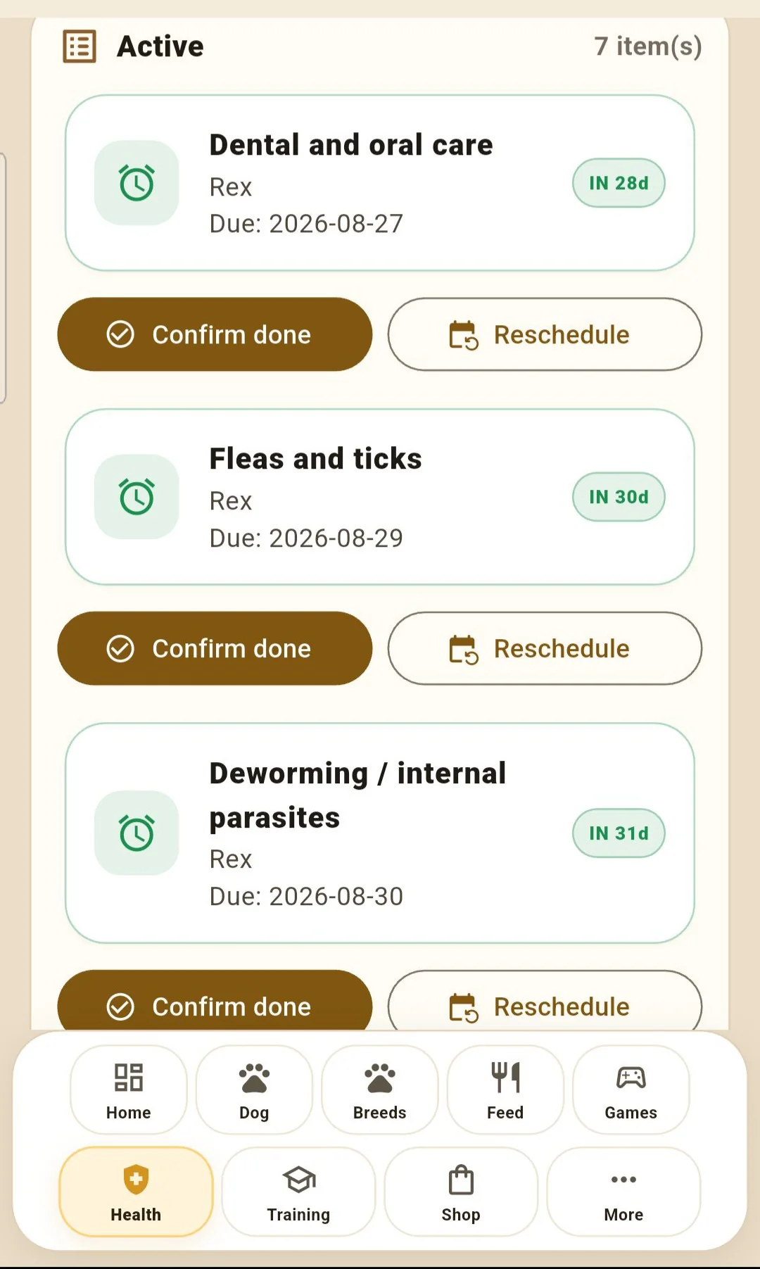 DogCare health reminders screen