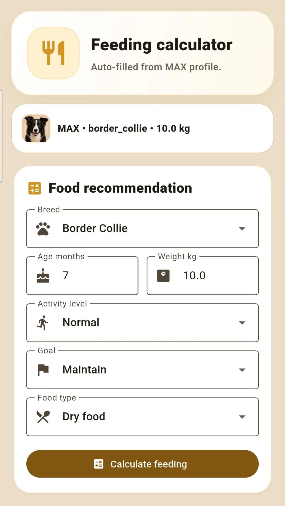 DogCare feeding screen