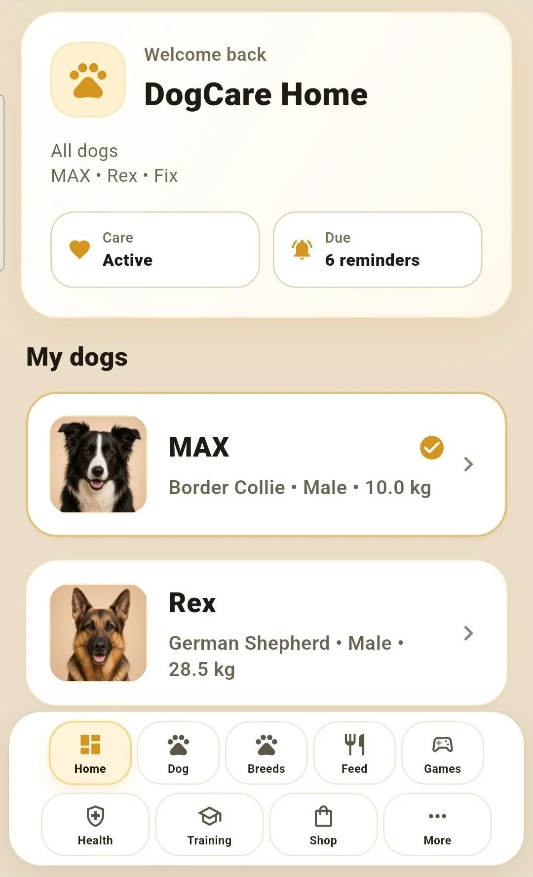 DogCare One home screen